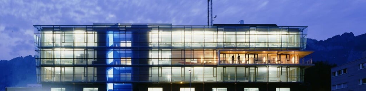 Pantec AG Building TechnologyCuenter Biosoltions  office Liechtenstein Ruggell blue house night light